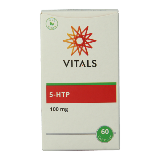Vitals 5-HTP 100mg herbal capsules in a clear bottle, designed for natural mood support and relaxation.