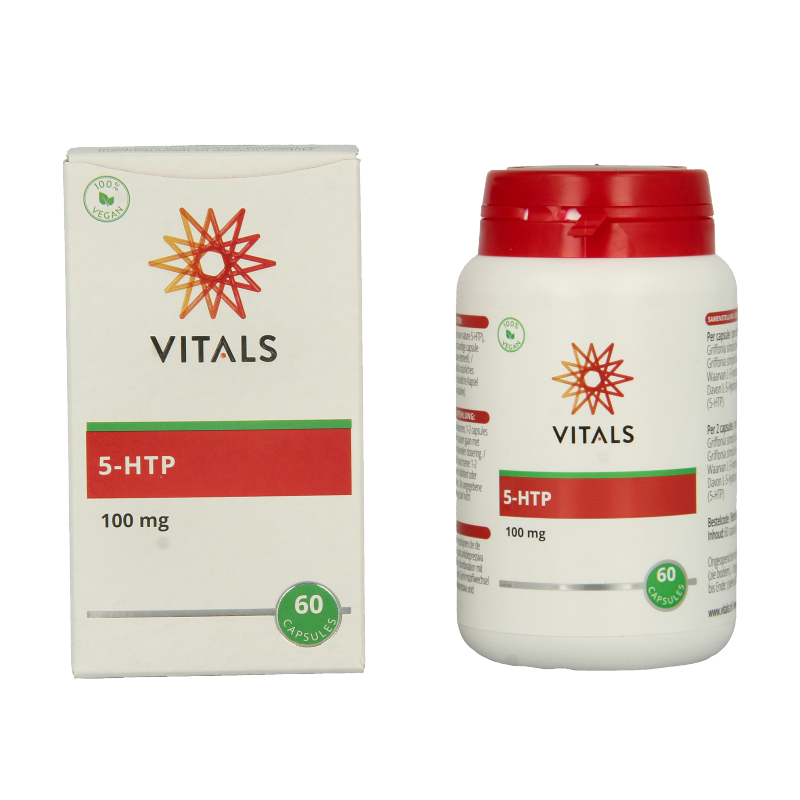 Vitamins and herbal supplement Vitals 5-HTP 100mg vegetarian capsules, shown in a clear container with capsules inside.