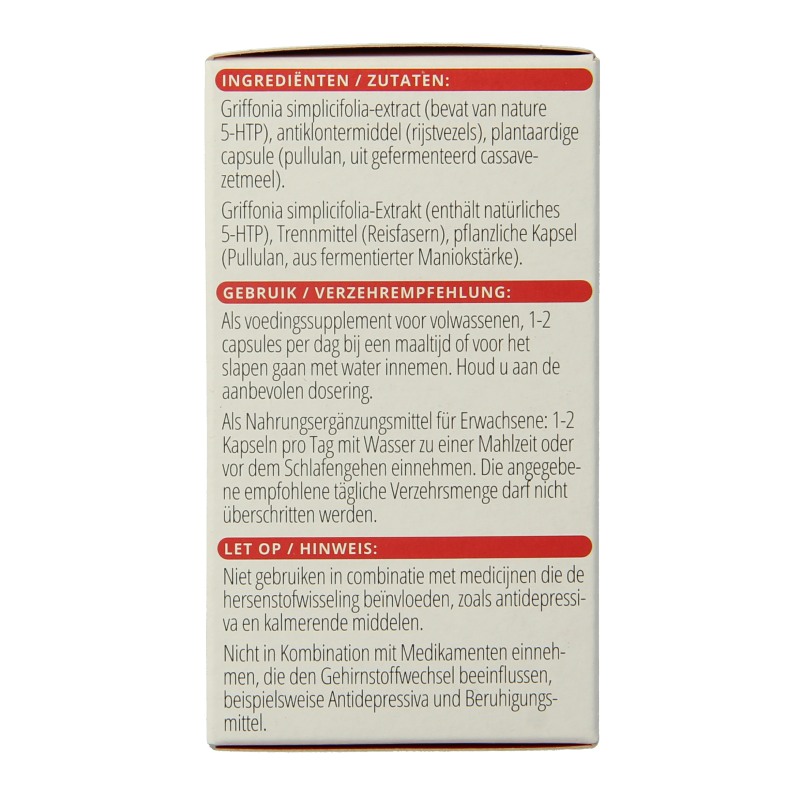Vitals 5-HTP 100mg herbal capsules in a clear bottle, designed for vegetarians, with a white label featuring green accents.