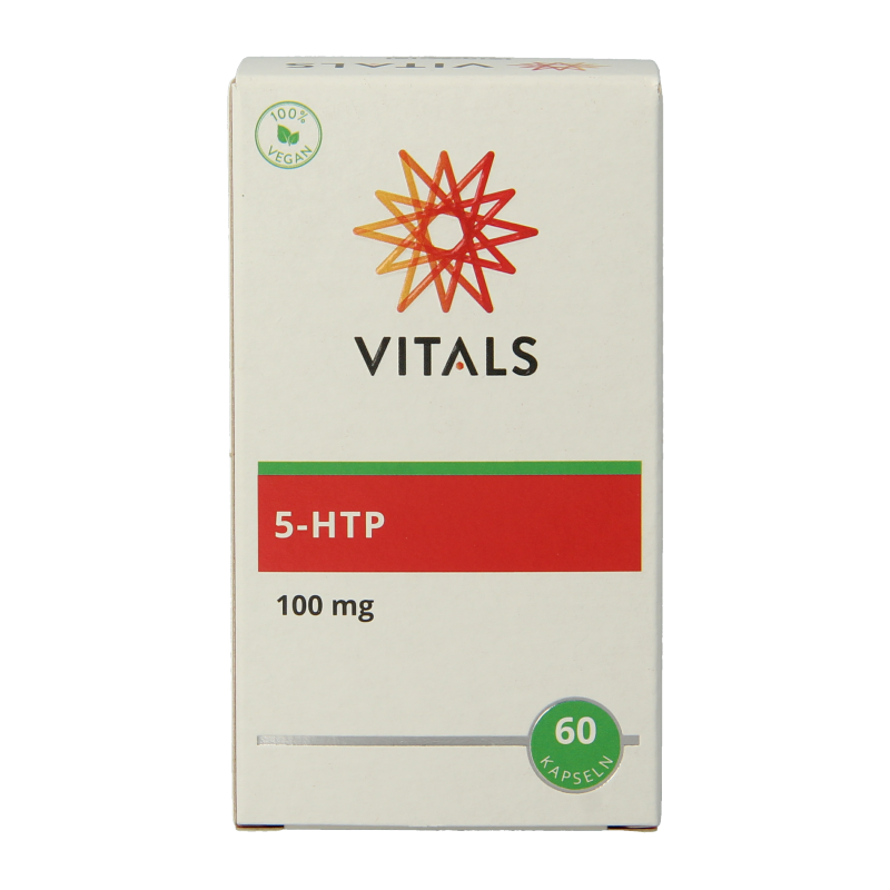 Vitals 5-HTP 100mg herbal capsules in a bottle, dietary supplement for mood support, plant-based capsules by Vitals.