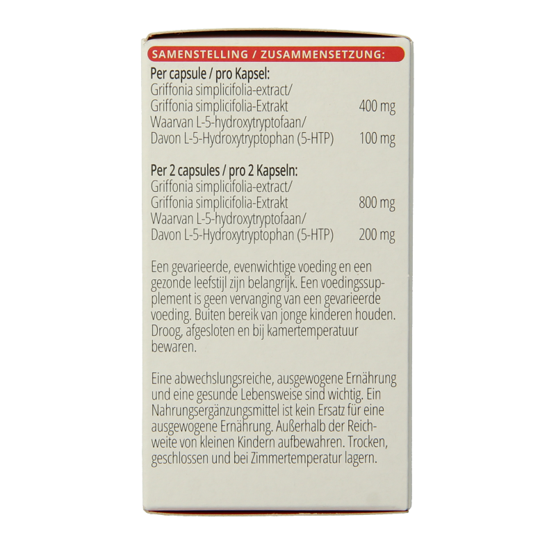 Vitals 5-HTP 100mg vegetarian capsules, herbal supplement in a clear container, with a label showing the product details.