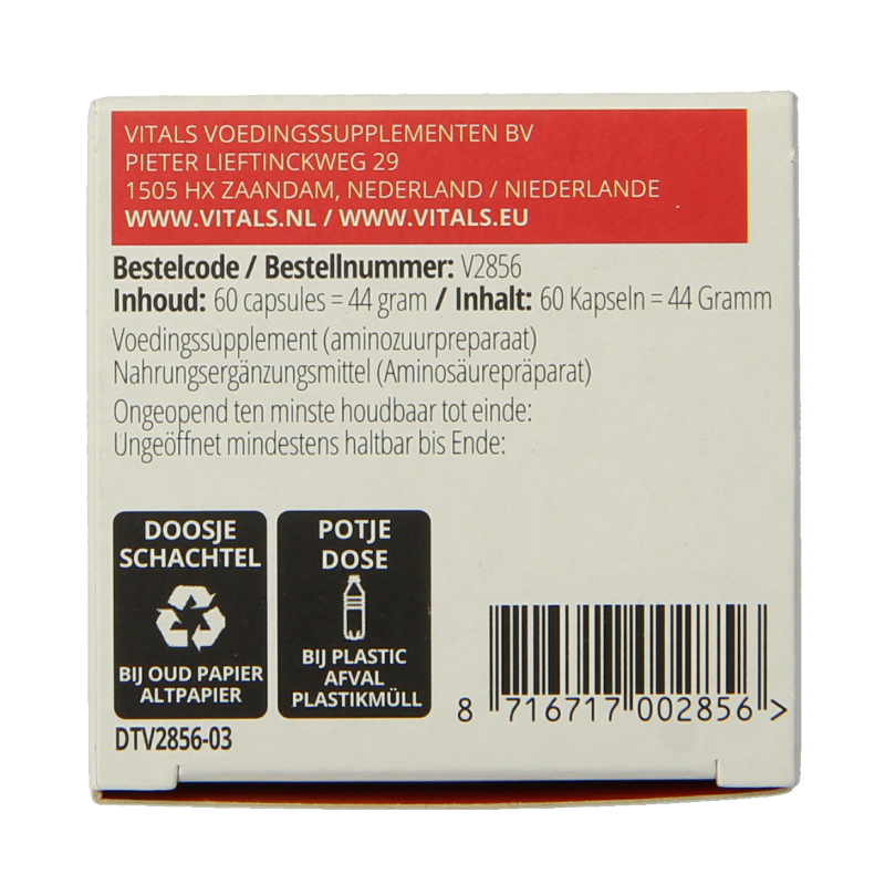 Vitals 5-HTP 100mg herbal capsules in a clear bottle, designed for vegetarians, part of Vitals' herbal supplement range.