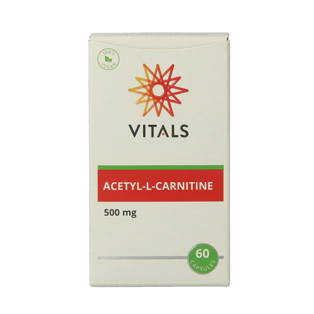 Vitals Acetyl-L-Carnitine 500mg vegetarian capsules, amino acids supplement, in a white bottle with label details.