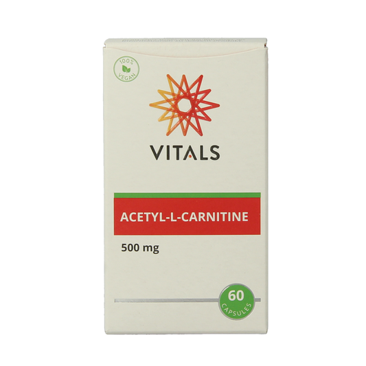 Vitals Acetyl-L-Carnitine 500mg vegetarian capsules, amino acids supplement, in a white bottle with label details.