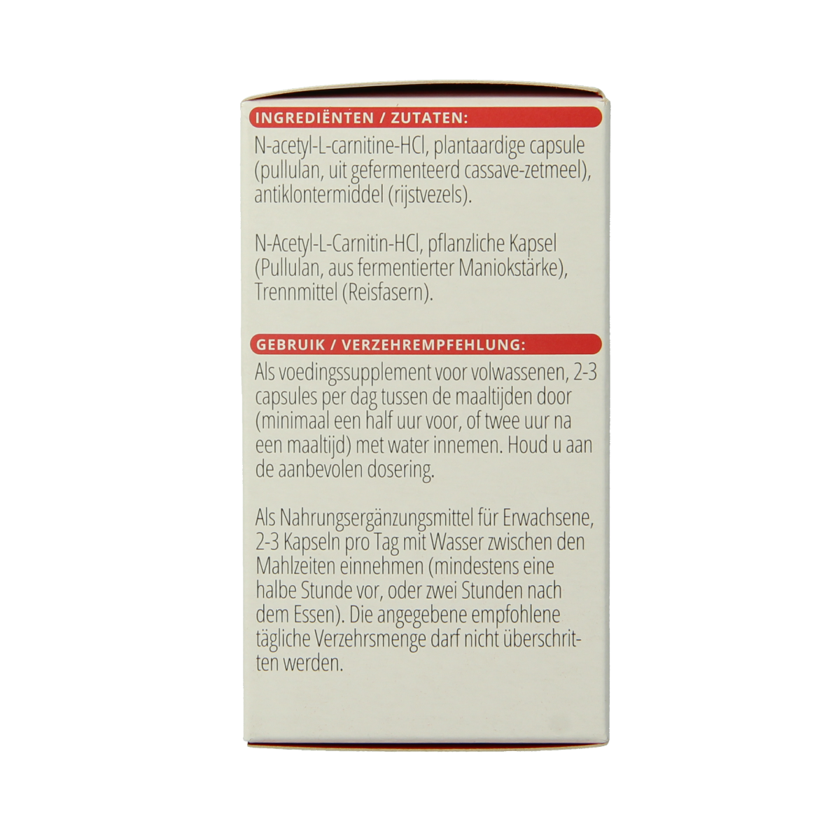 Vitalis Acetyl-L-Carnitine 500mg vegetarian capsules, dietary supplement in clear bottle with white cap and label.