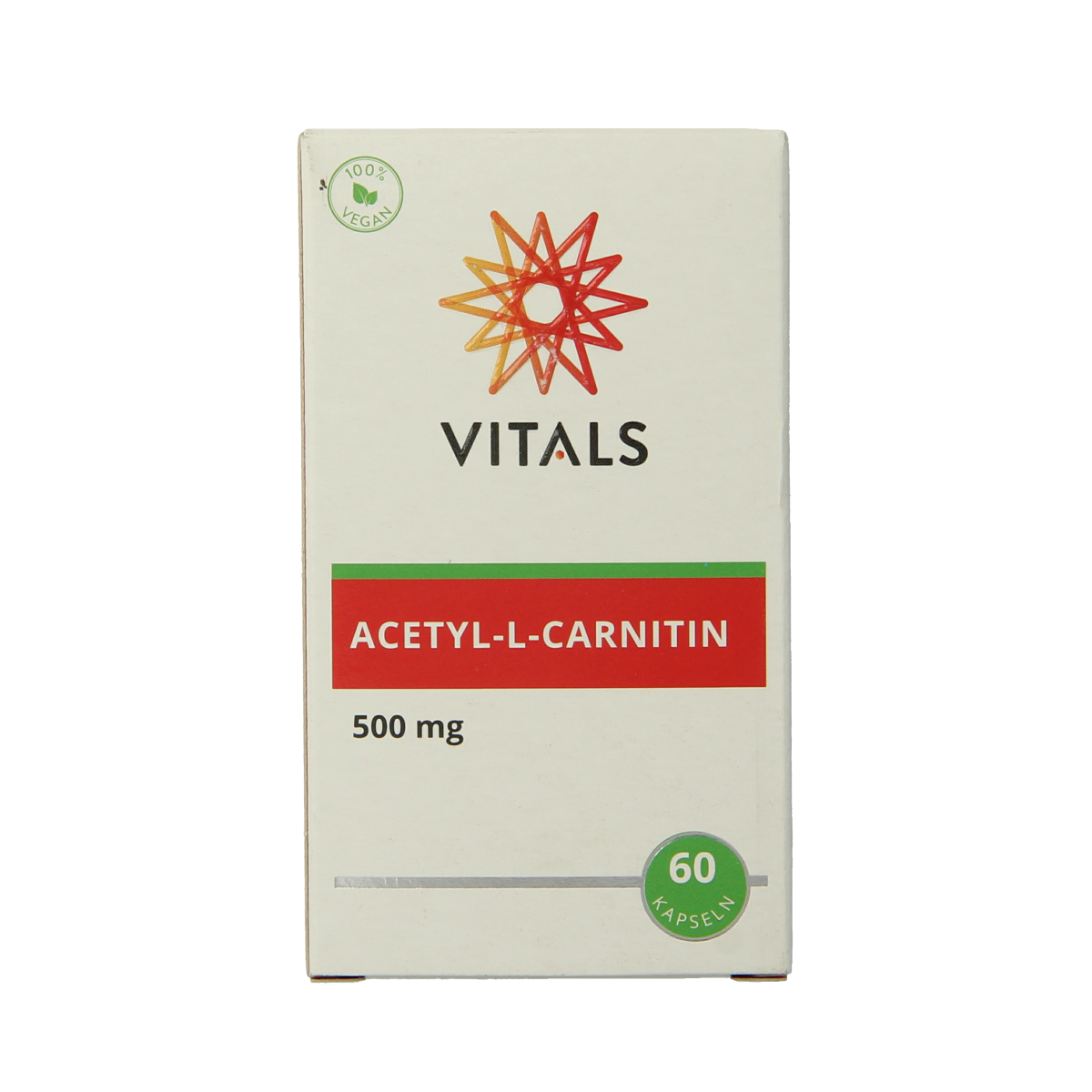 Vitals Acetyl-L-Carnitine 500mg vegetarian capsules, dietary supplement with amino acids, shown in a bottle with capsules inside.