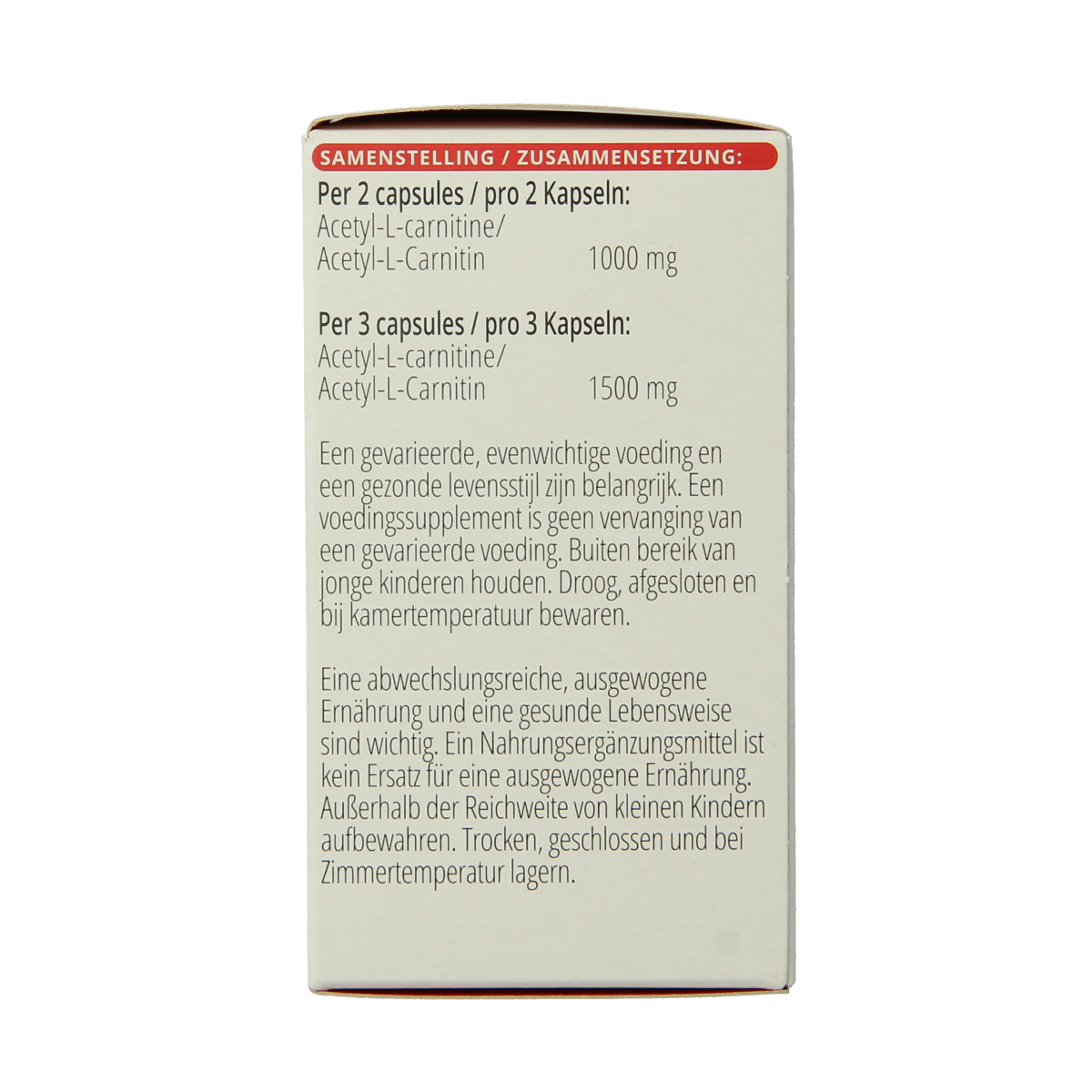 Vitals Acetyl-L-Carnitine 500mg vegetarian capsules, amino acids supplement in a clear bottle with capsules visible.