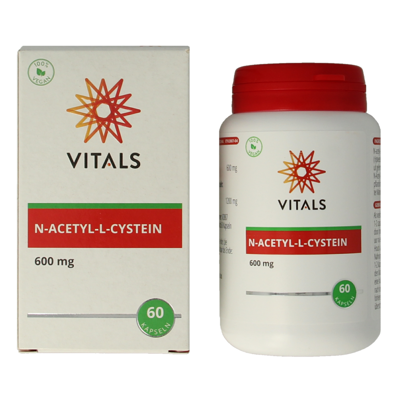 Vitamins and supplements image showing Vitals N-Acetyl-L-Cysteine 600 mg vegetarian capsules in a bottle.