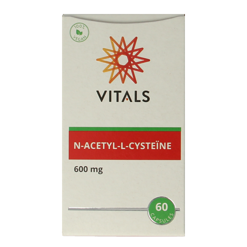 Vitals N-Acetyl-L-cysteine 600 mg vegetarian capsules, dietary amino acids supplement in a bottle, shown with capsules.