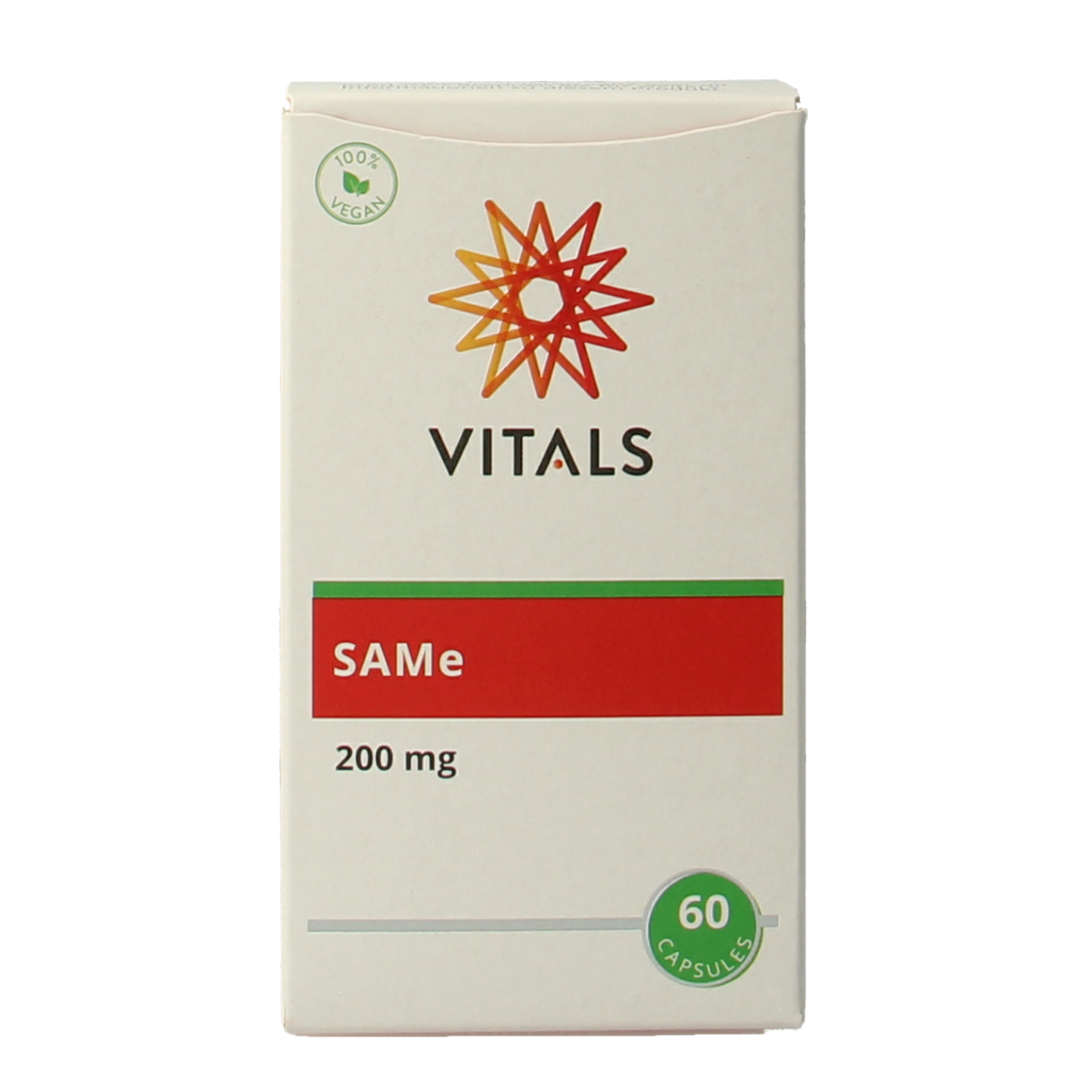 Vital SAMe 200mg vegetarian capsules, amino acid supplement by Vitals, shown in clear bottle with capsule details.