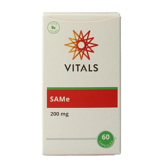 Vital SAMe 200mg vegetarian capsules, amino acid supplement by Vitals, shown in clear bottle with capsule details.