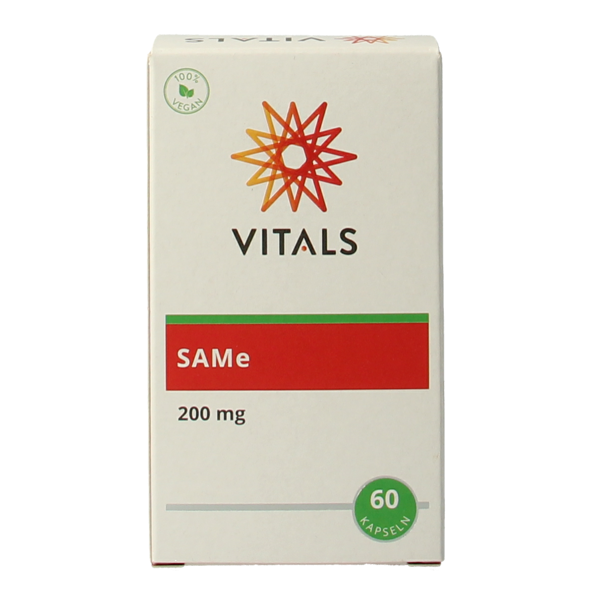 Vitals SAMe 200mg vegetarian capsules, dietary supplement with amino acids, shown in a close-up of the bottle and capsules.