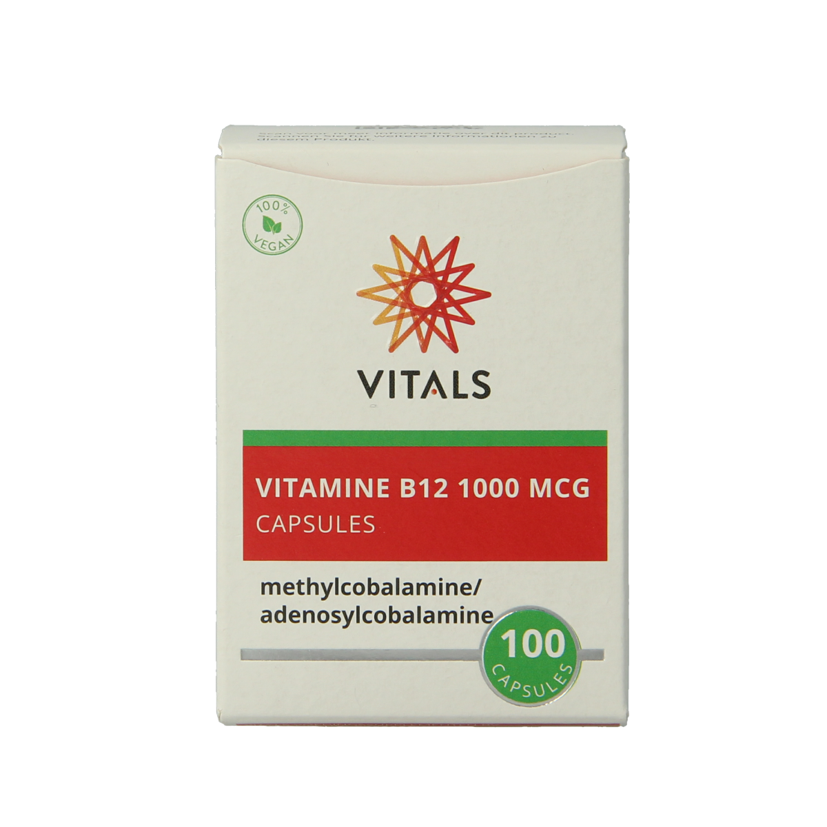 Vitals Vitamine B12 1000 mcg capsules, natural vitamin B12 supplement in a clear bottle with 100 capsules.