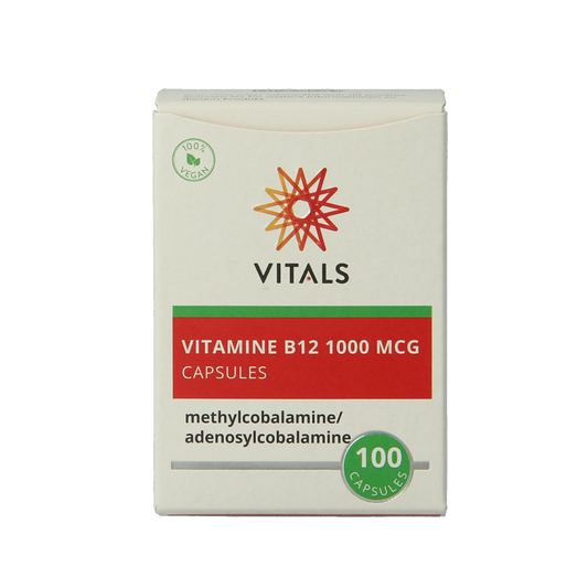 Vitals Vitamine B12 1000 mcg capsules, natural vitamin B12 supplement in a clear bottle with 100 capsules.