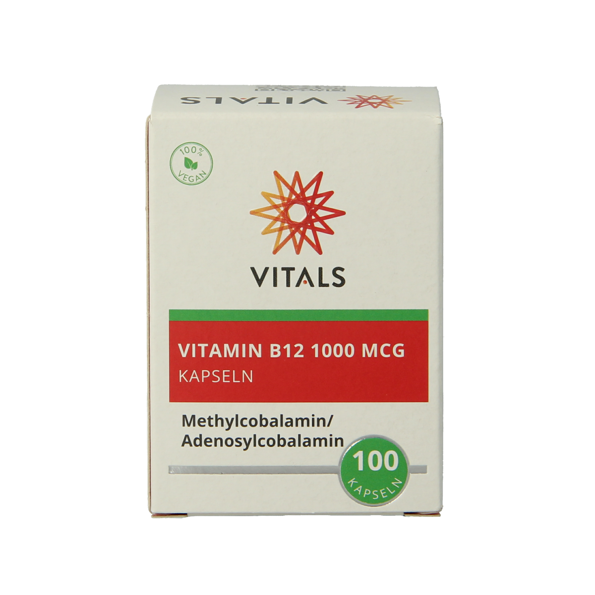 Bottle of Vitals Vitamin B12 1000 mcg capsules with 100 capsules, showing the supplement packaging and label.