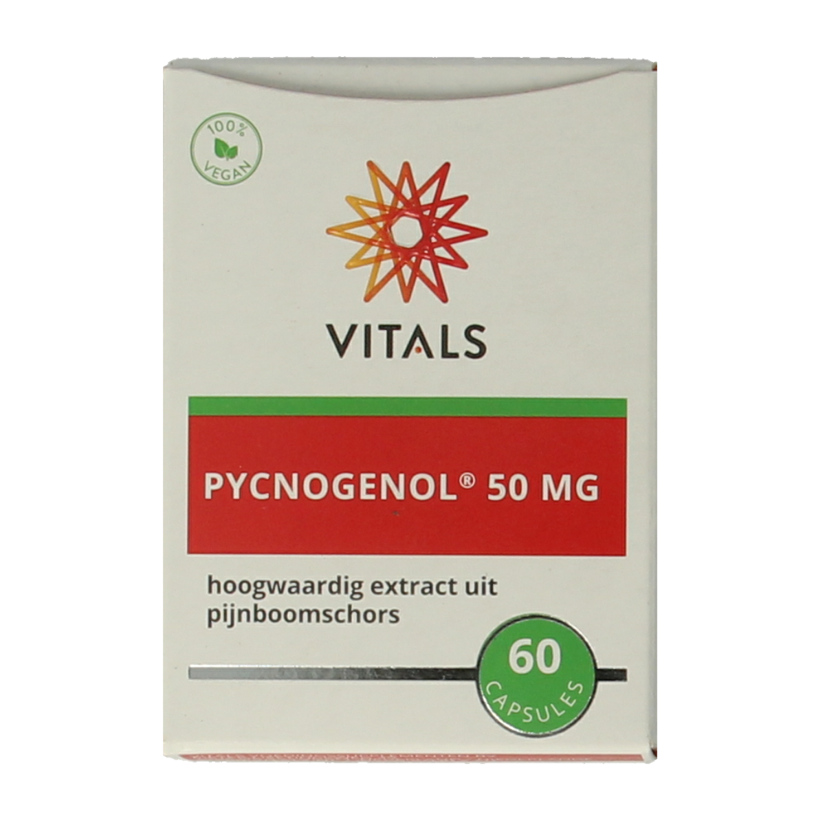 Vitas Pycnogenol herbal supplement capsules in a bottle, showing the product label with 60 capsules for health support.