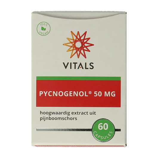 Vitas Pycnogenol herbal supplement capsules in a bottle, showing the product label with 60 capsules for health support.