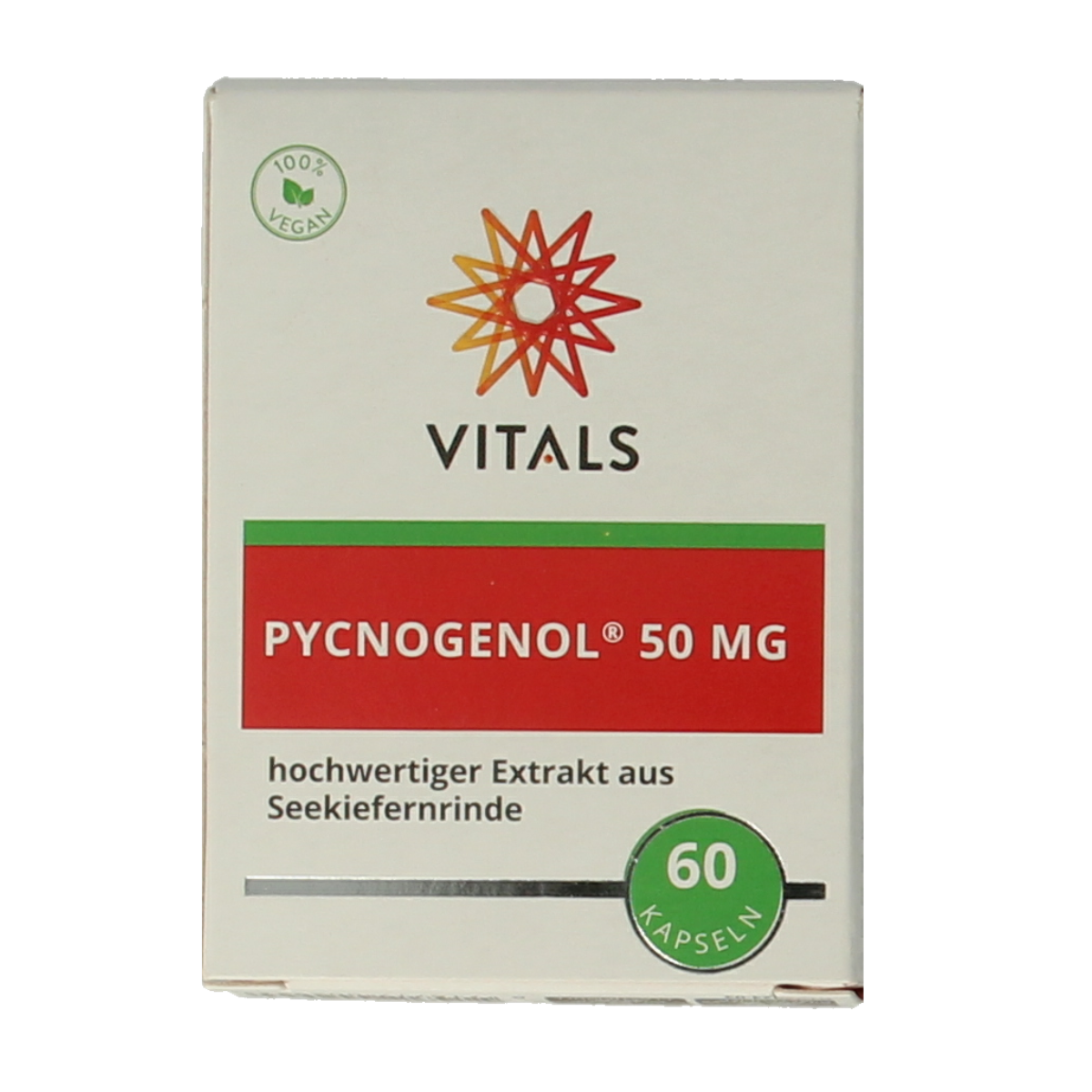 Vitamins and herbal supplements: Vitals Pycnogenol 60 capsules in a clear bottle with label detailing product information.