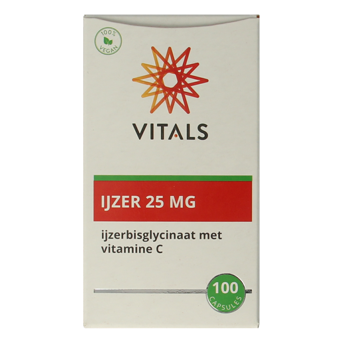 Vitals IJzer 25mg capsules with vitamine C, mineral supplement, close-up of the bottle and capsules.