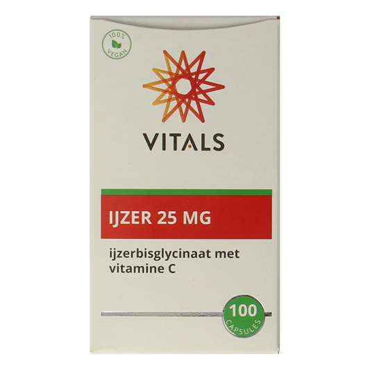 Vitals IJzer 25mg capsules with vitamine C, mineral supplement, close-up of the bottle and capsules.