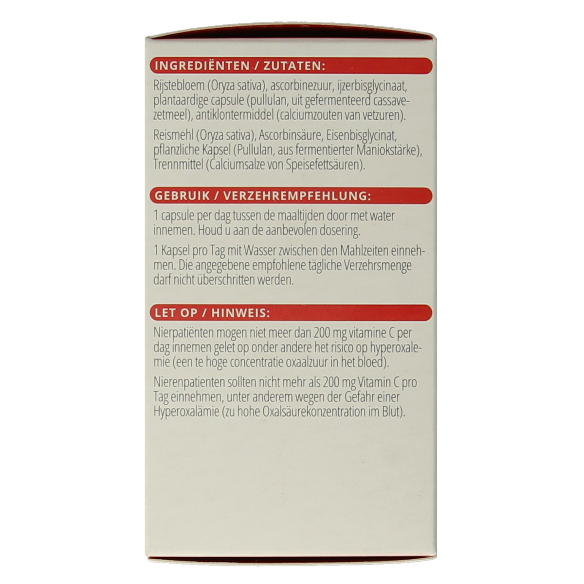 Vitamins and minerals supplement by Vitals: 25mg iron with vitamin C in a bottle of 100 capsules.