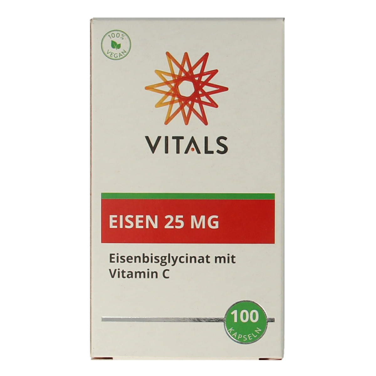 Vitals IJzer 25mg capsules with vitamine C in a blister pack, showing the mineral supplement for iron support.