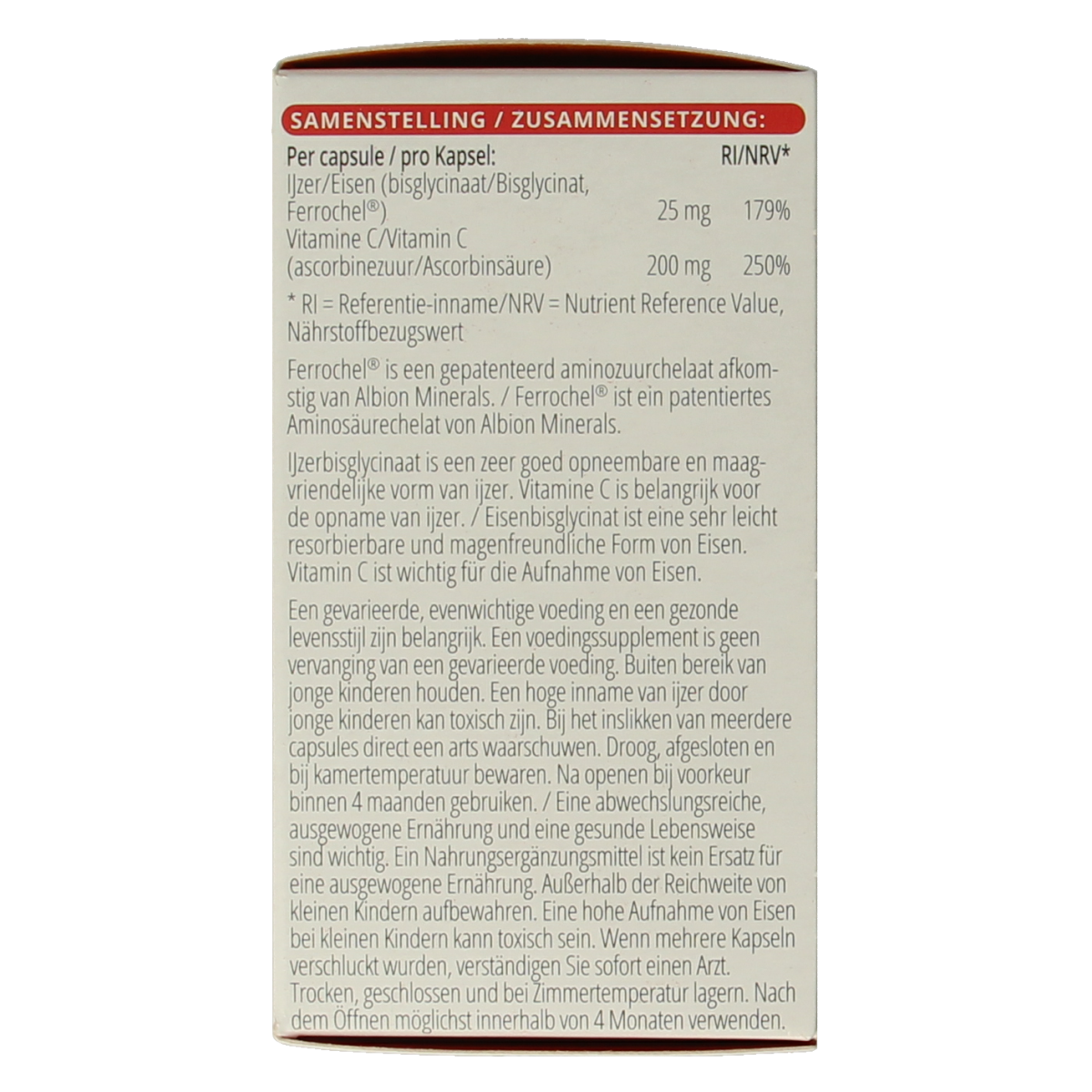 Bottle of Vitals IJzer 25mg capsules with vitamin C, containing 100 capsules for iron and immune support.