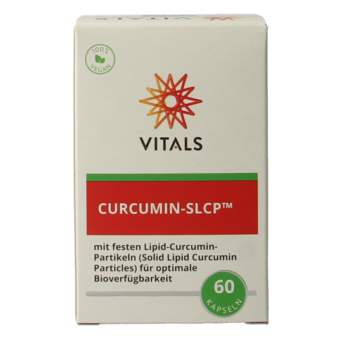 Vitamins and herbal supplement capsules in a bottle labeled Vitals Curcumine SLCP, 60 capsules for herbal health support.