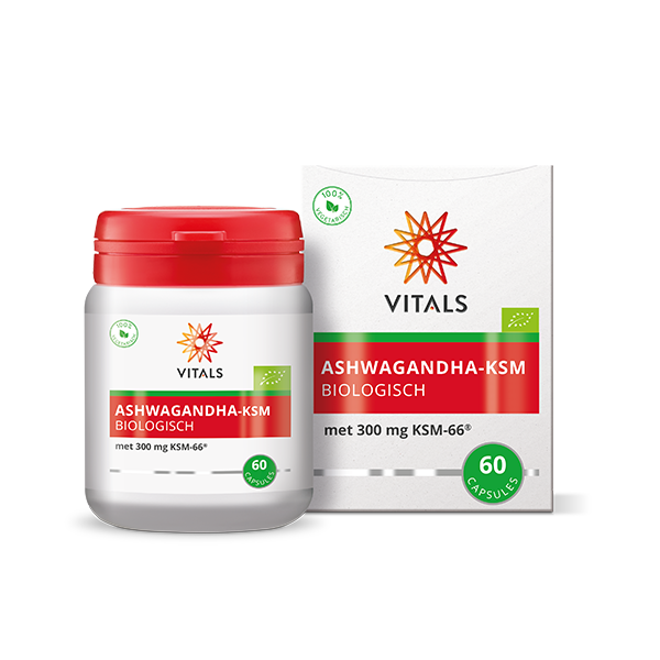 Vitals Ashwagandha KSM-66 herbal supplement capsules in a clear bottle, emphasizing natural herbal health product.