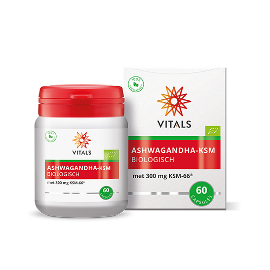Vitals Ashwagandha KSM-66 herbal supplement capsules in a clear bottle, emphasizing natural herbal health product.