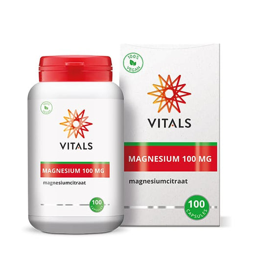 Vitals Magnesiumcitraat 100 mg mineral capsules, showing a bottle of 100 capsules of magnesium citrate supplement.