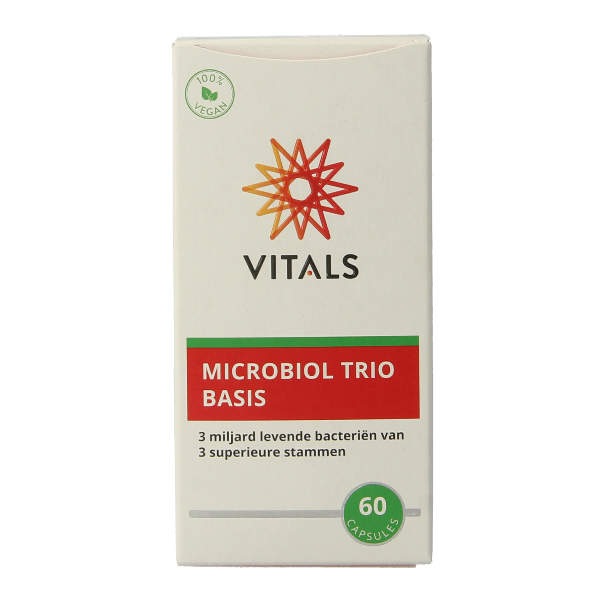 Vitals Microbiol Trio Basis probiotic capsules featuring a blend of beneficial micro-organisms in a 60-capsule bottle.