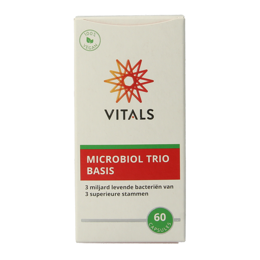 Vitals Microbiol Trio Basis probiotic capsules featuring a blend of beneficial micro-organisms in a 60-capsule bottle.