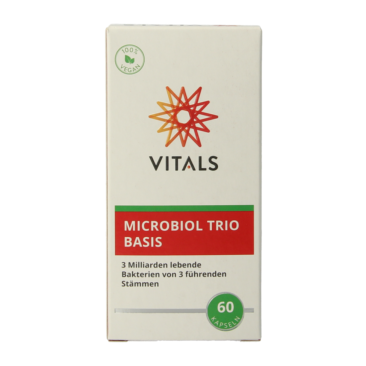 Vitals Microbiol Trio Basis probiotic capsules showing the supplement bottle and capsules in blister pack.