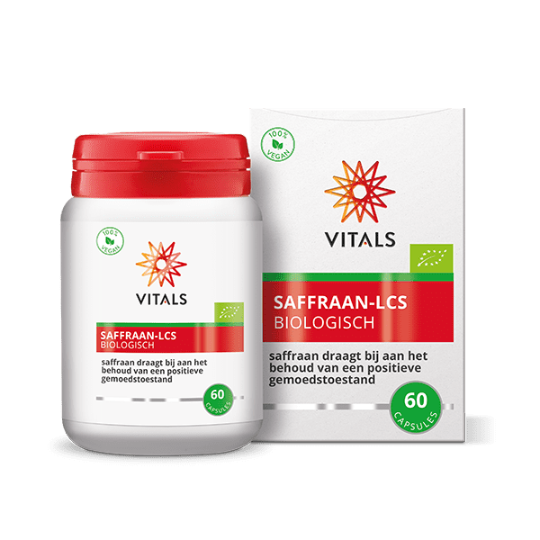 Vitals Saffraan-LCS bio capsules, herbal supplement bottle with 60 capsules, natural saffron-based kruidpreparaten from Vitals.