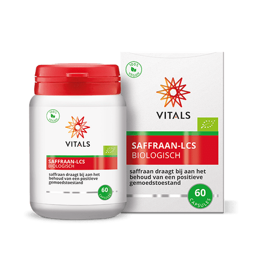Vitals Saffraan-LCS bio capsules, herbal supplement bottle with 60 capsules, natural saffron-based kruidpreparaten from Vitals.