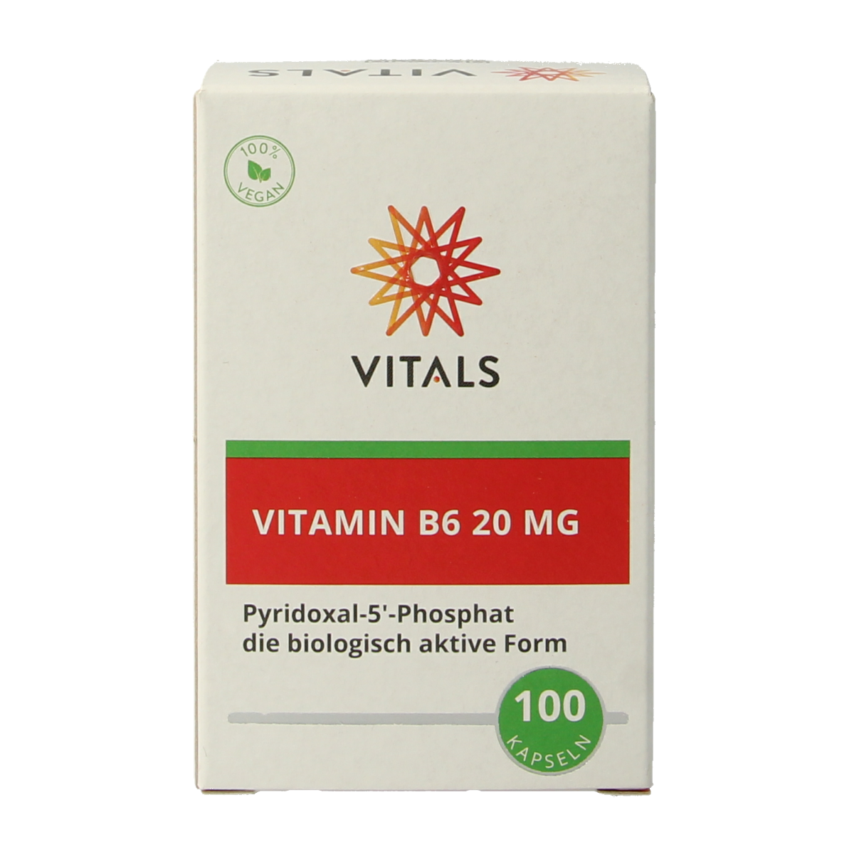 Vitals Vitamine B6 20 mg capsules, dietary supplement, shown in a clear image of the bottle and capsules on a white background.