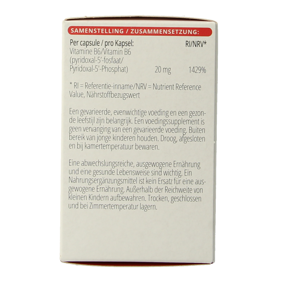 Bottle of Vitals Vitamin B6 20 mg capsules, 100 count, featuring a white label with blue accents and Vitals branding.