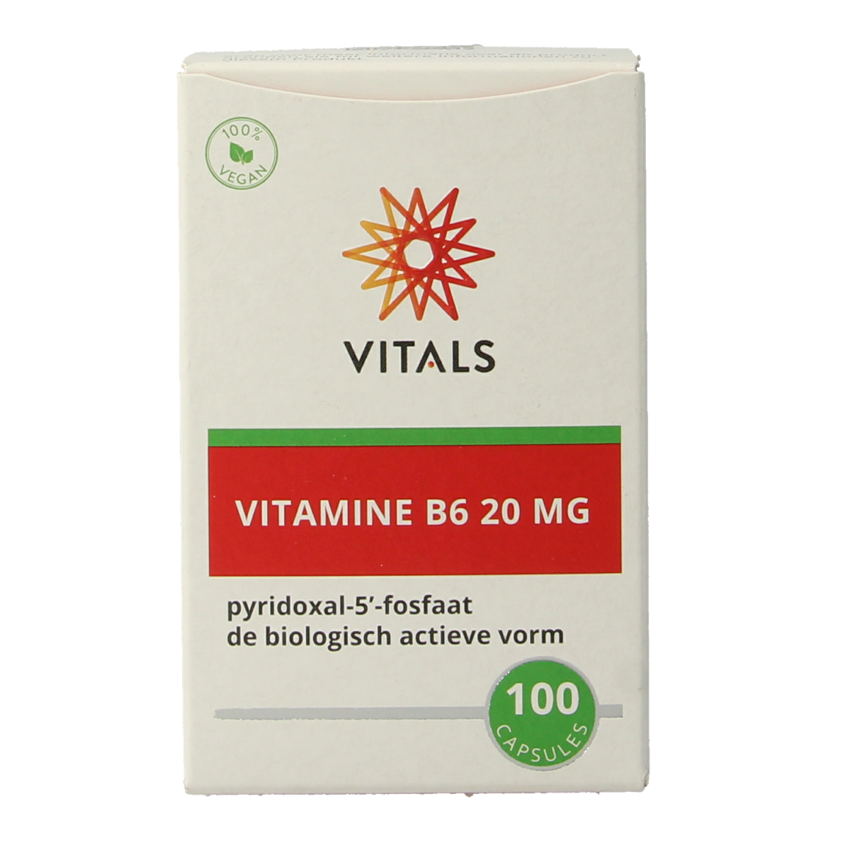 Vitamins B6 20 mg capsules by Vitals, showing a bottle of 100 capsules with label and cap in the image.