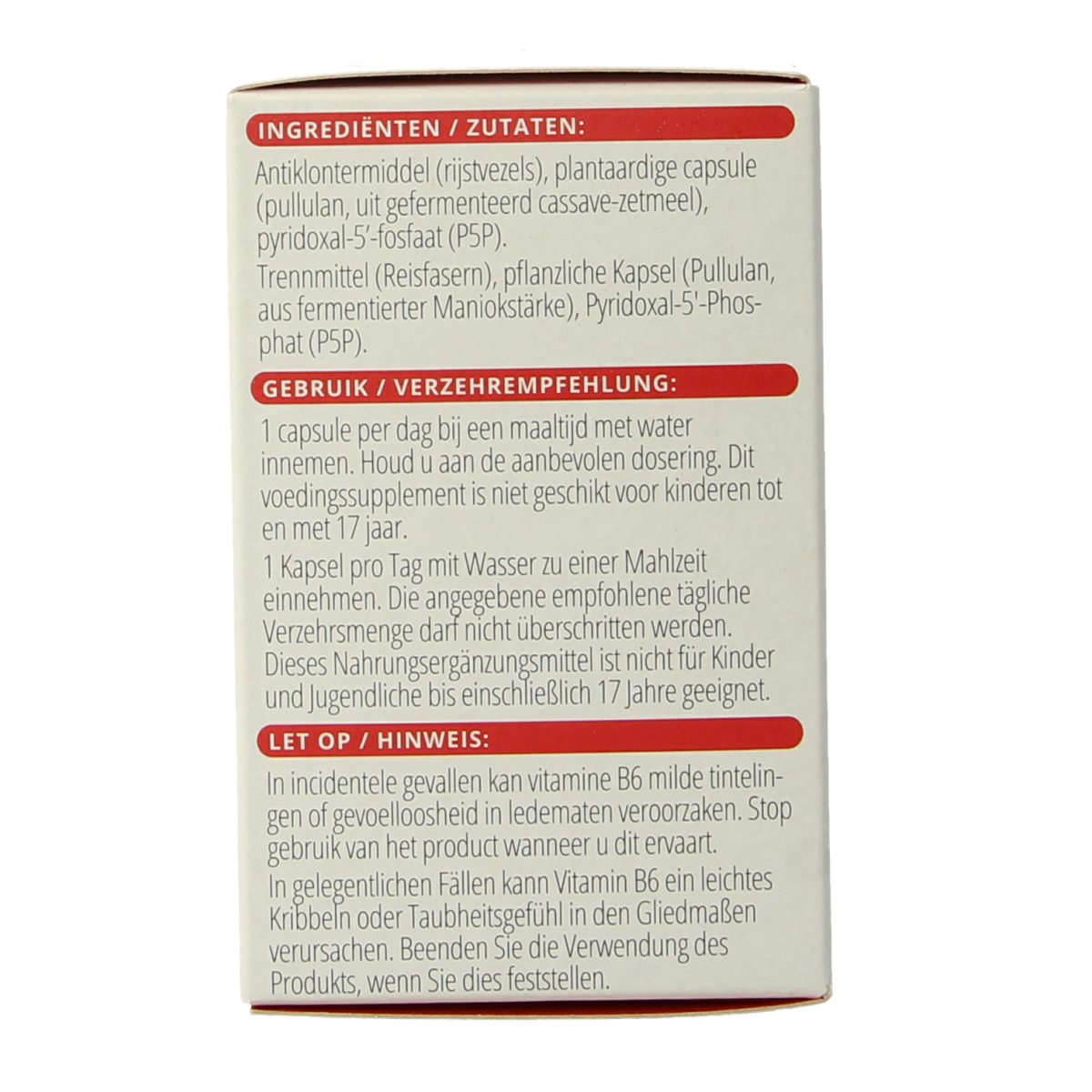 Vitals Vitamine B6 20 mg supplement bottle with 100 capsules, natural orange-colored packaging and label.