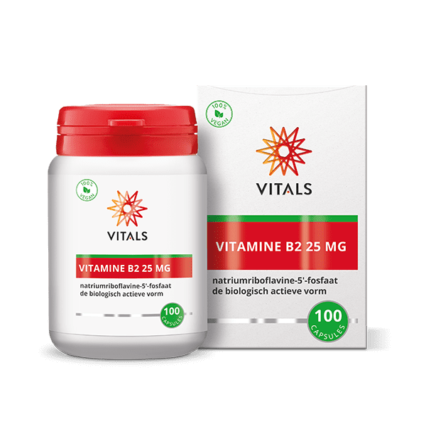 Bottle of Vitals Vitamin B2 Riboflavine 5 Fosfaat capsules, showing the label and capsule count on the packaging.
