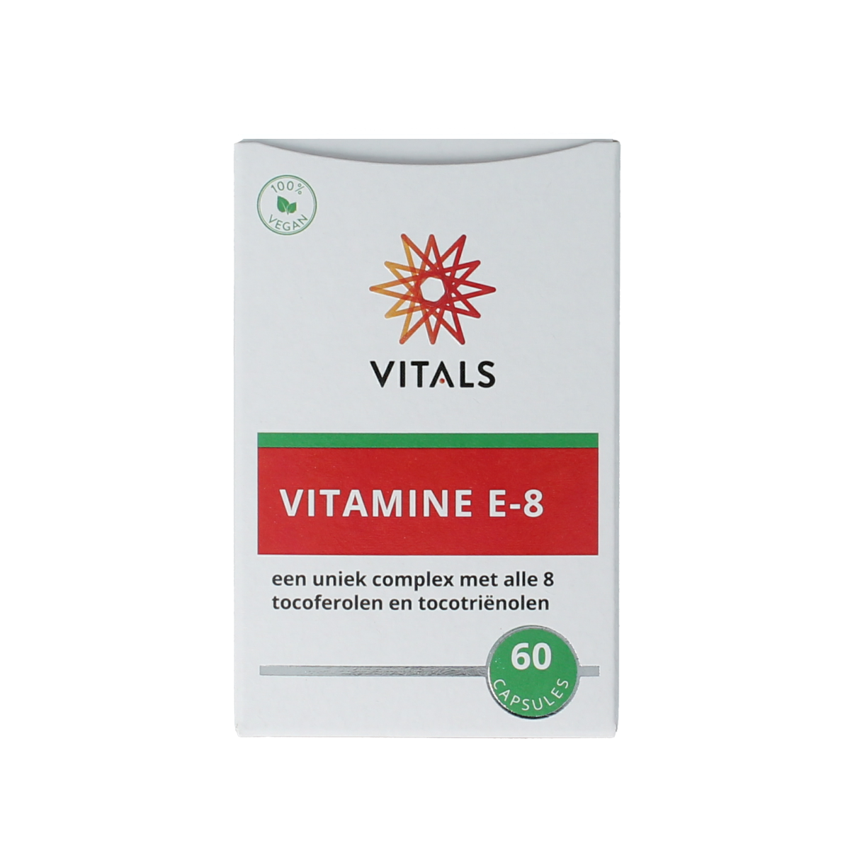 Vitamins E-8 capsules by Vitals, showing a close-up of the bottle with capsules inside.