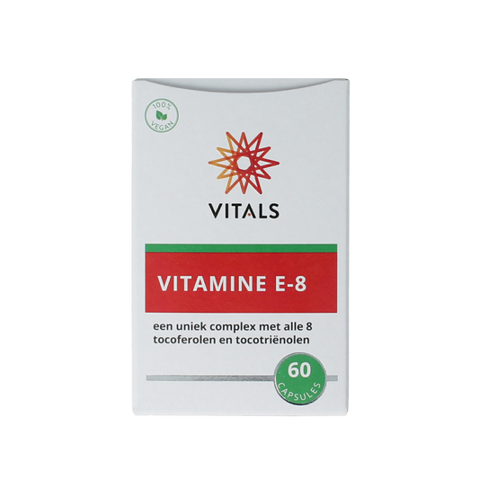 Vitamins E-8 capsules by Vitals, showing a close-up of the bottle with capsules inside.