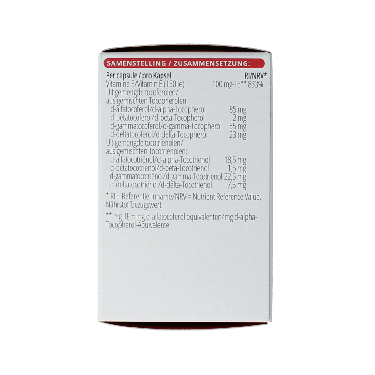 Bottle of Vitals Vitamine E-8 capsules, a natural vitamin supplement in a clear container with a white cap.