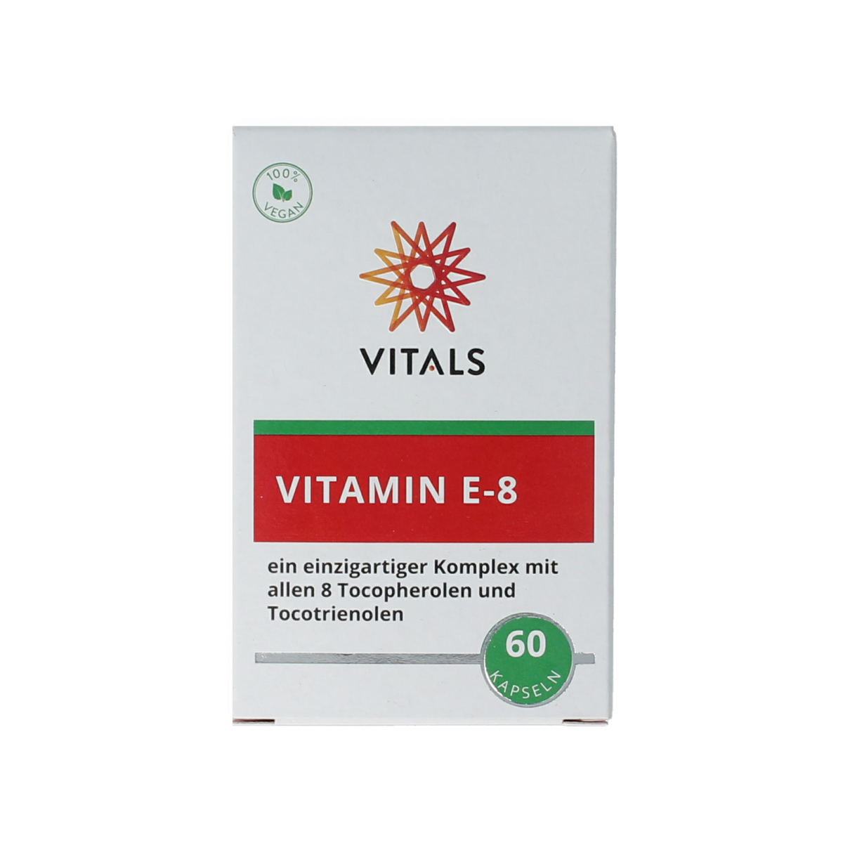 Vitals Vitamine E-8 capsules, natural vitamin supplement in a bottle, showing 60 capsules for daily nutritional support.