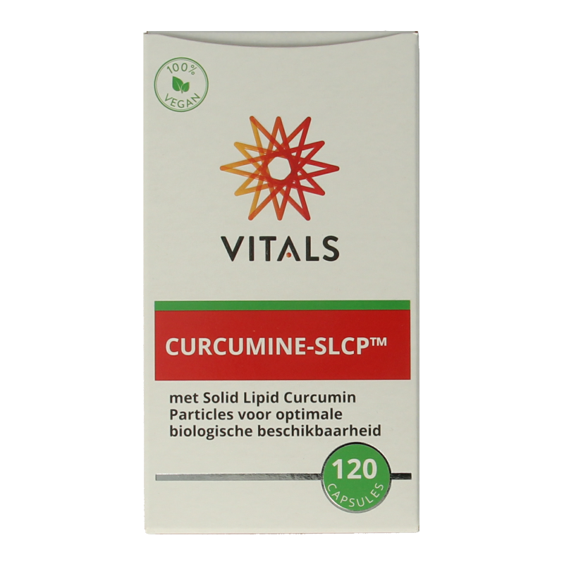 Vitamins and herbal supplement Vitals Curcumine SLCP 120 capsules in a bottle, herbal kruidenpreparaten for joint support.