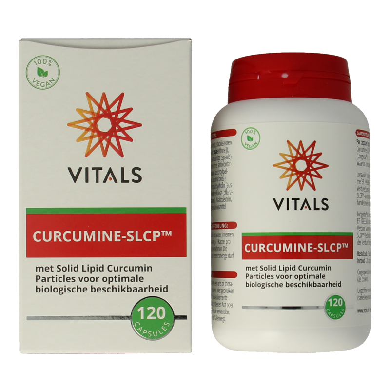Vitamins and herbal supplement Vitals Curcumine SLCP 120 capsules in a bottle, used for natural anti-inflammatory support.