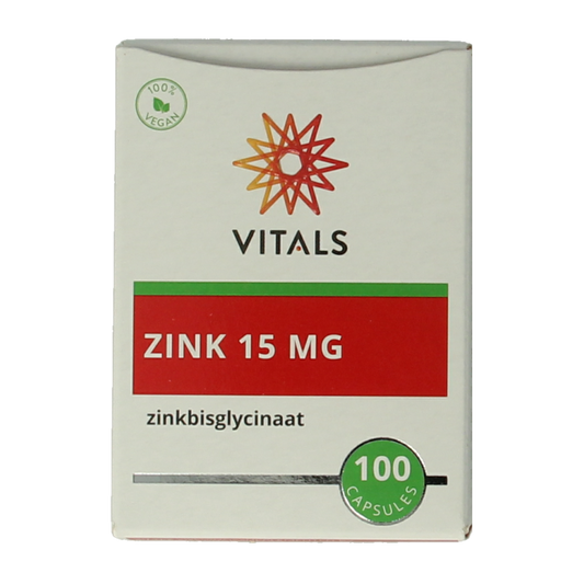Vitals Zink 15mg mineral supplement capsules, showing a bottle of Vitals zinc tablets for daily mineral intake.
