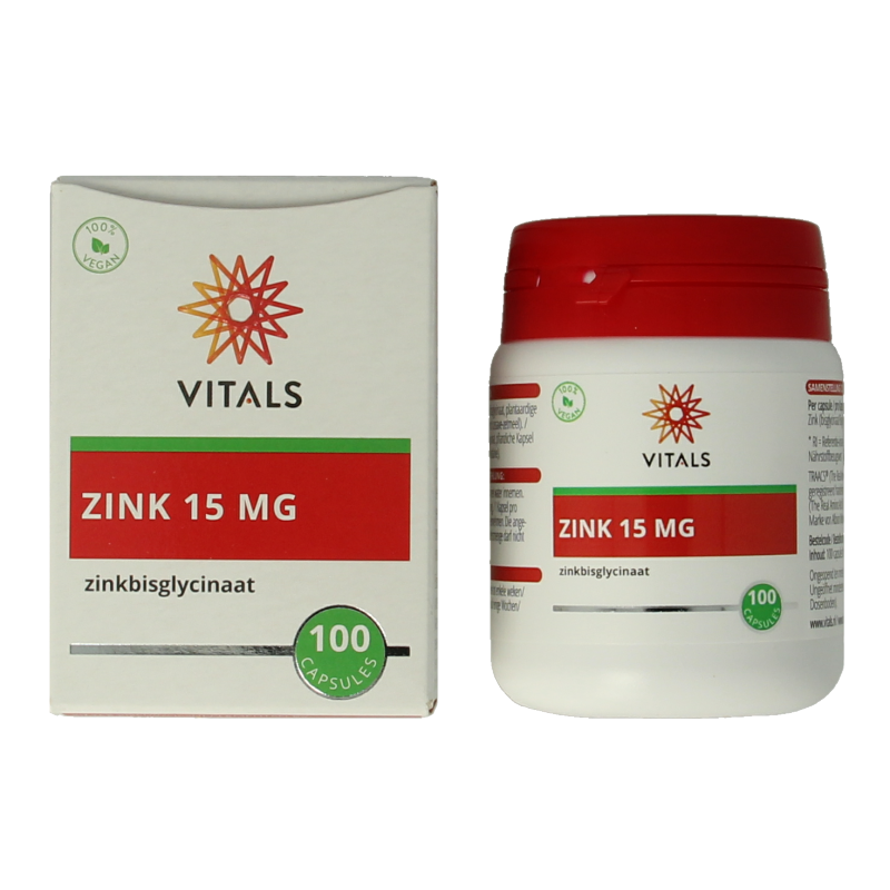 Vital Zink 15mg mineral capsules by Vitals, showing a bottle of 100 zinc supplement capsules.