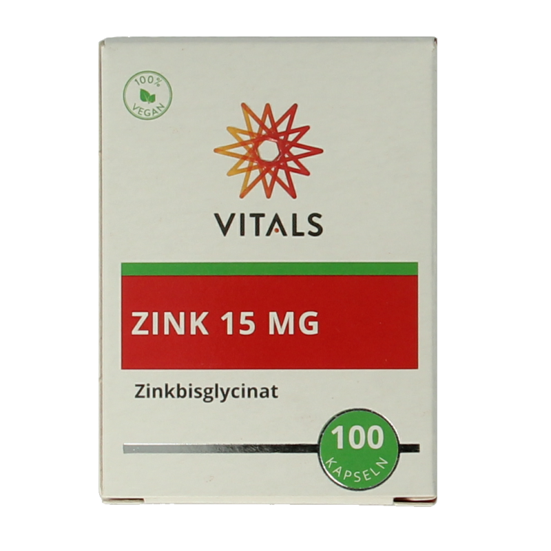 Vitals Zink 15mg mineral capsules shown in a bottle, emphasizing the dietary zinc supplement by Vitals.
